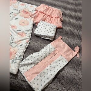 PINNKKU girl 4 piece crib set comforter sheet diaper stacker 2-tier dust ruffle